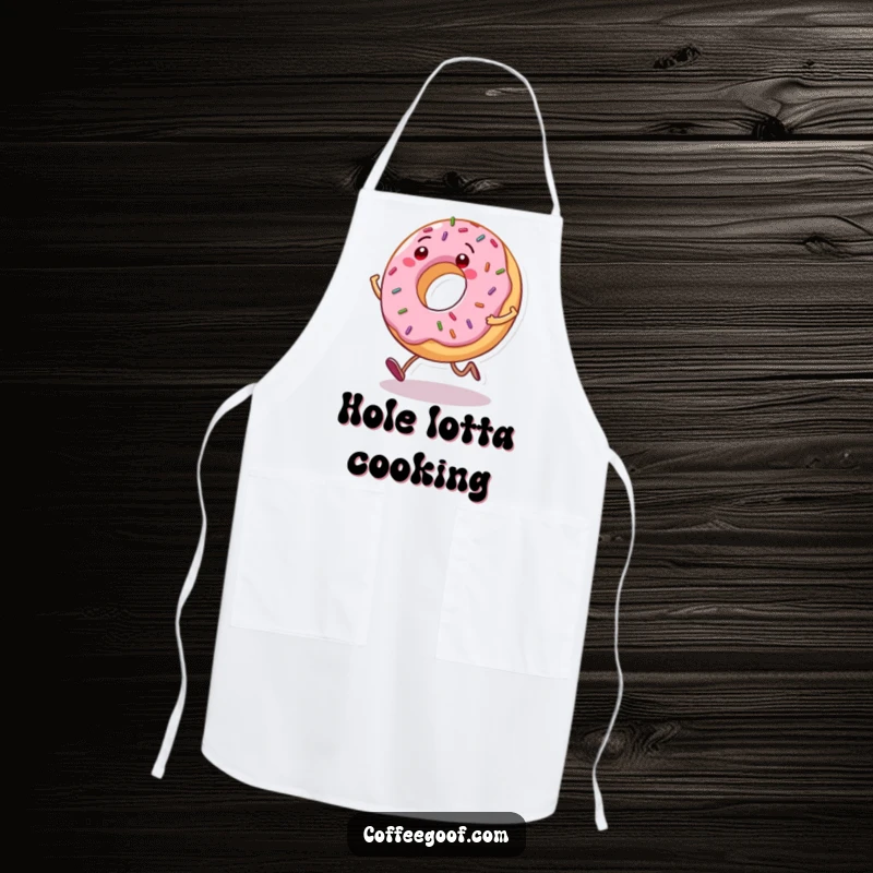 Funny Donut Apron: A grinning donut character with sprinkles bouncing as it hops, perfect for kitchen fun and protection.