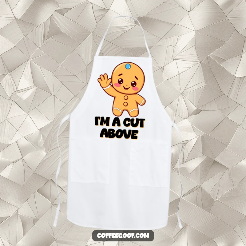 Funny gingerbread apron featuring a cheerful cookie giving a friendly wave, designed for festive baking and kitchen fun.