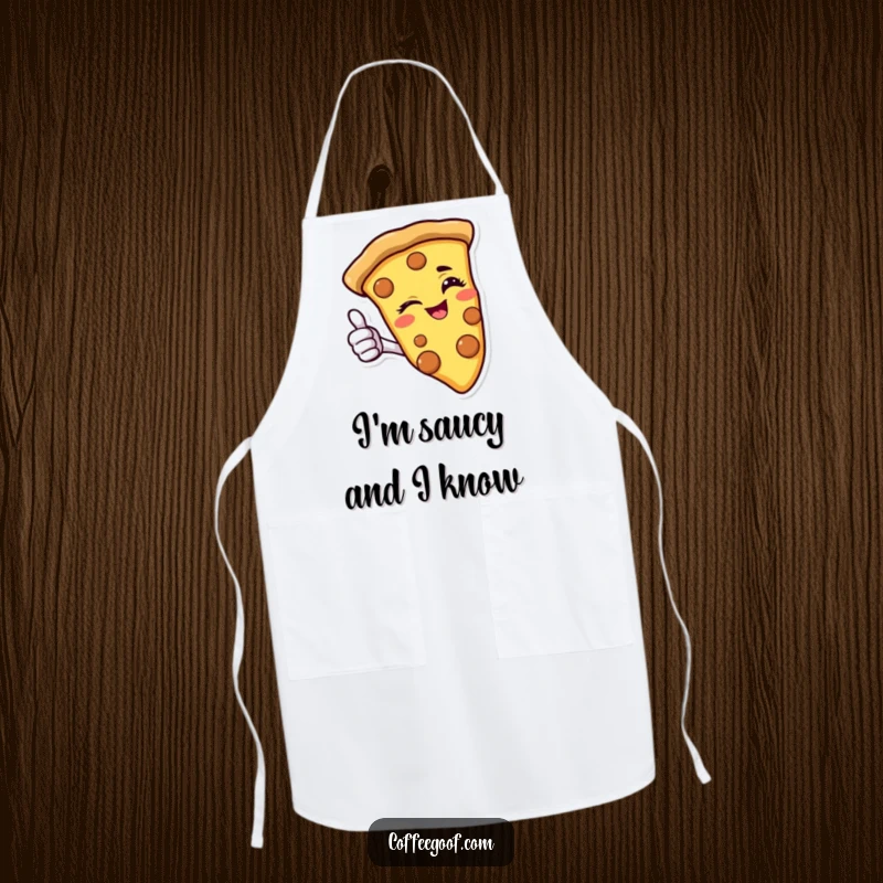 Funny pizza apron featuring a smiling slice winking and giving a thumbs-up, designed for culinary fun and cheesy jokes.