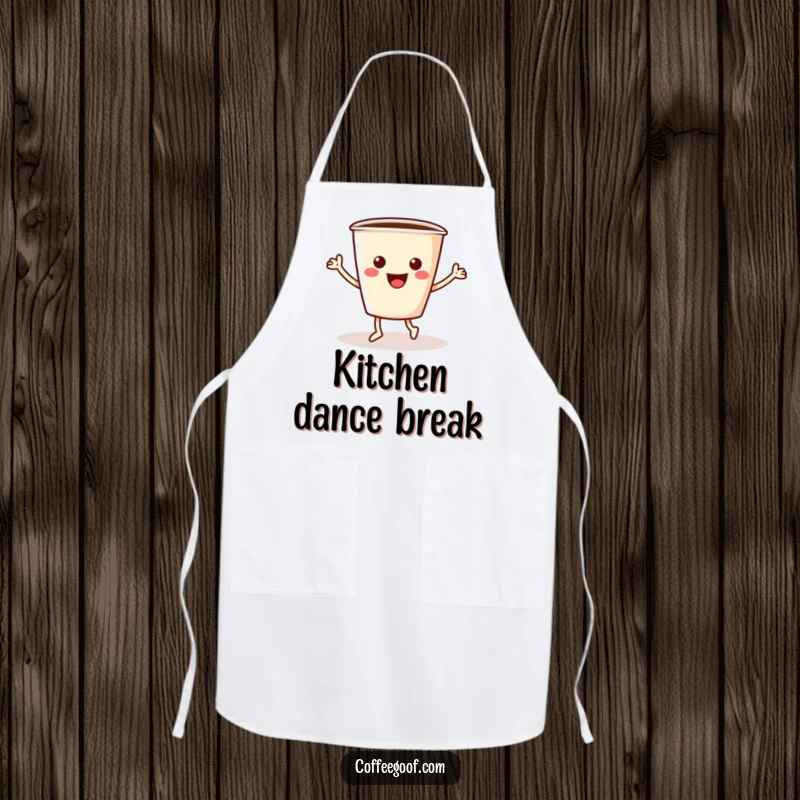 Funny coffee apron featuring a cheerful coffee cup with arms and legs doing an enthusiastic jig during kitchen activities.