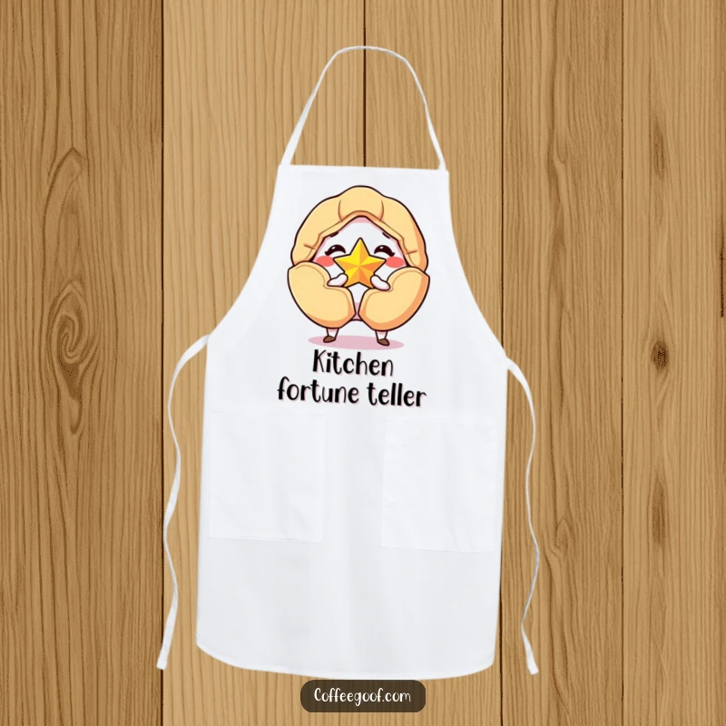 Funny apron with a grinning fortune cookie cracking open to reveal a golden star, perfect for lucky and humorous cooking.