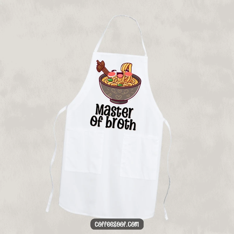 Funny apron with a gleeful ramen bowl character slurping noodles with exaggerated delight, ideal for humorous cooking and kitchen fun.