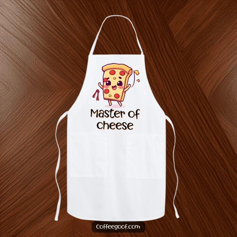 Funny kitchen apron featuring a beaming pizza slice character tossing a string of cheese, perfect for pizza-loving cooks.