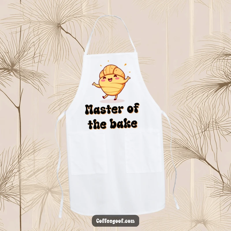 Funny apron showcasing a delighted croissant doing a jig, perfect for adding cheer and pastry fun to any cooking session.