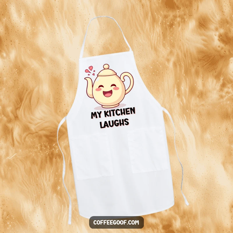 Funny Teapot Giggles Apron with a happy teapot character pouring out giggles, perfect for cooks who love adding a playful and humorous touch to their kitchen wear.