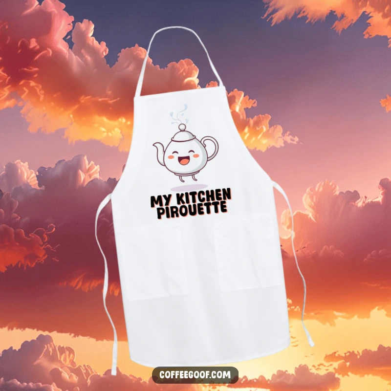 Funny Apron: An anthropomorphic teapot performs a steamy dance, ready to add humor to any kitchen activity.