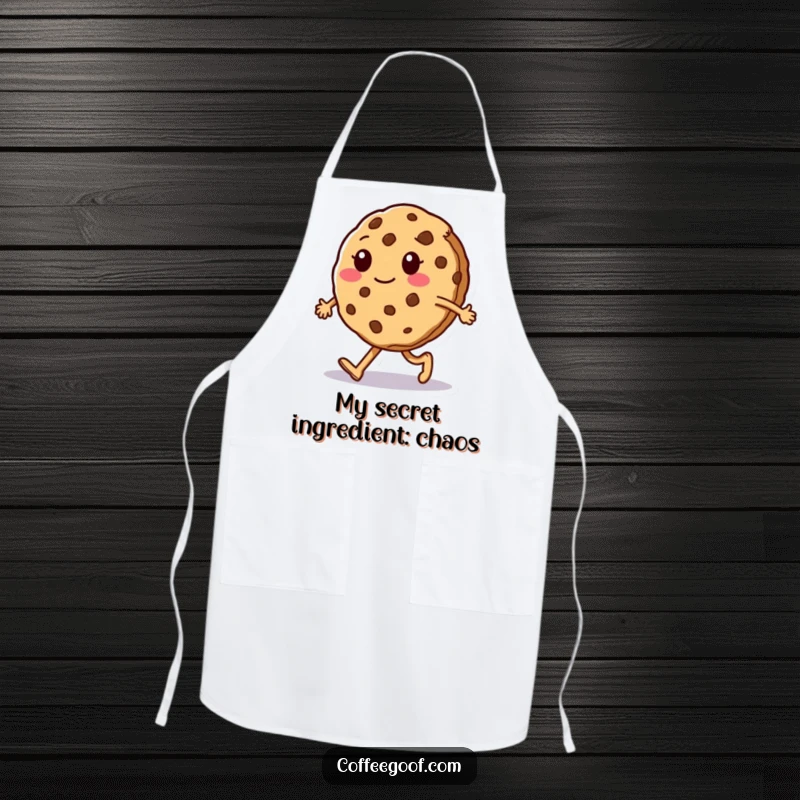 Funny Apron: A sentient cookie character performs a silly walk, slightly crumbling, ready to add humor to kitchen activities.