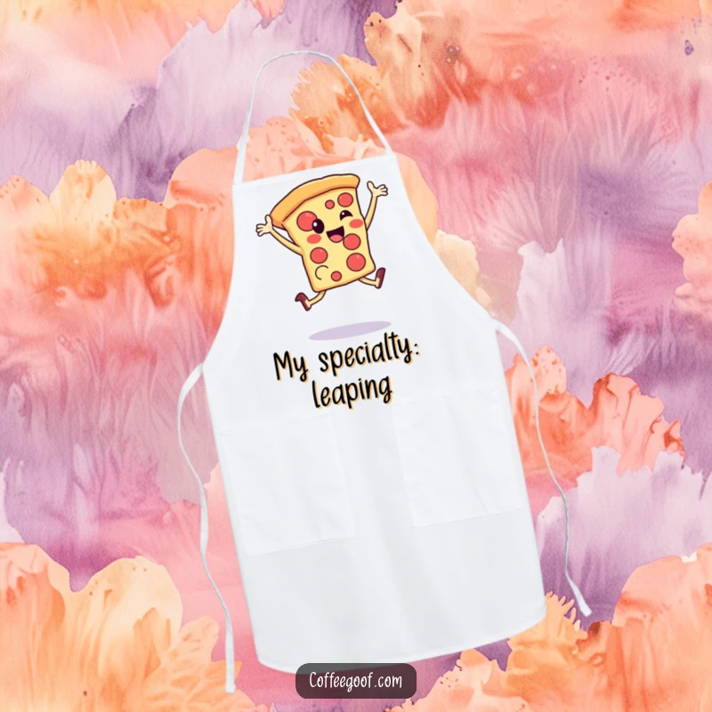 Funny Apron: A happy pizza slice performs a celebratory leap, ready to add humor and style to your kitchen attire.