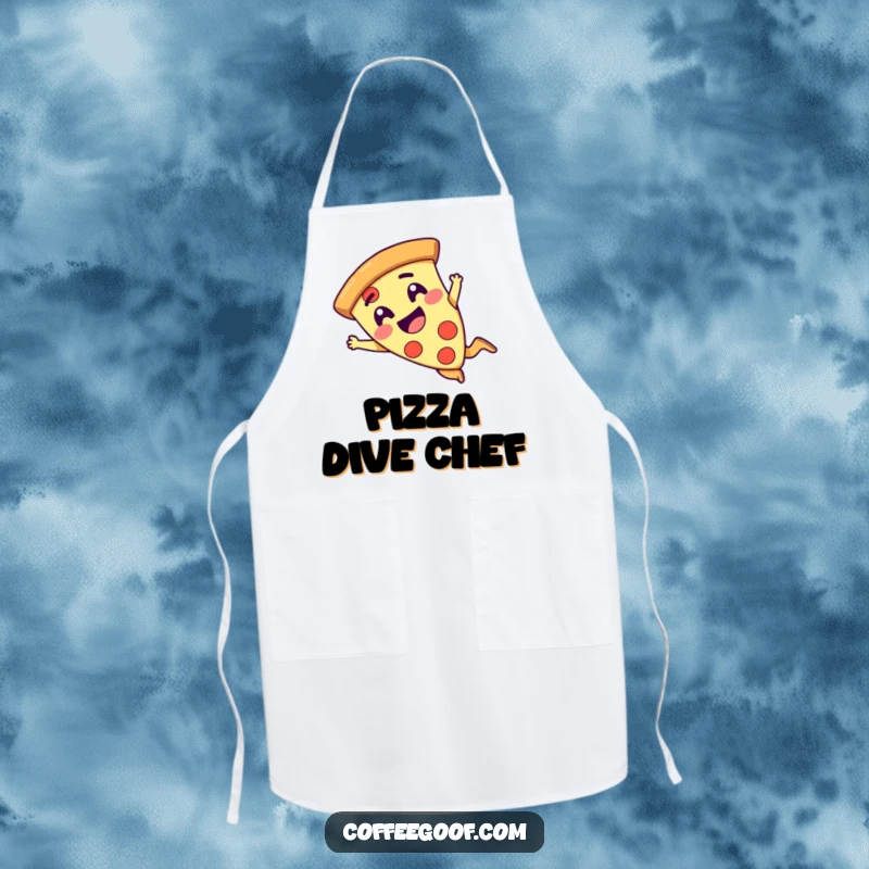 Funny pizza slice character giggling and diving on a practical kitchen apron, bringing culinary humor to the cook.