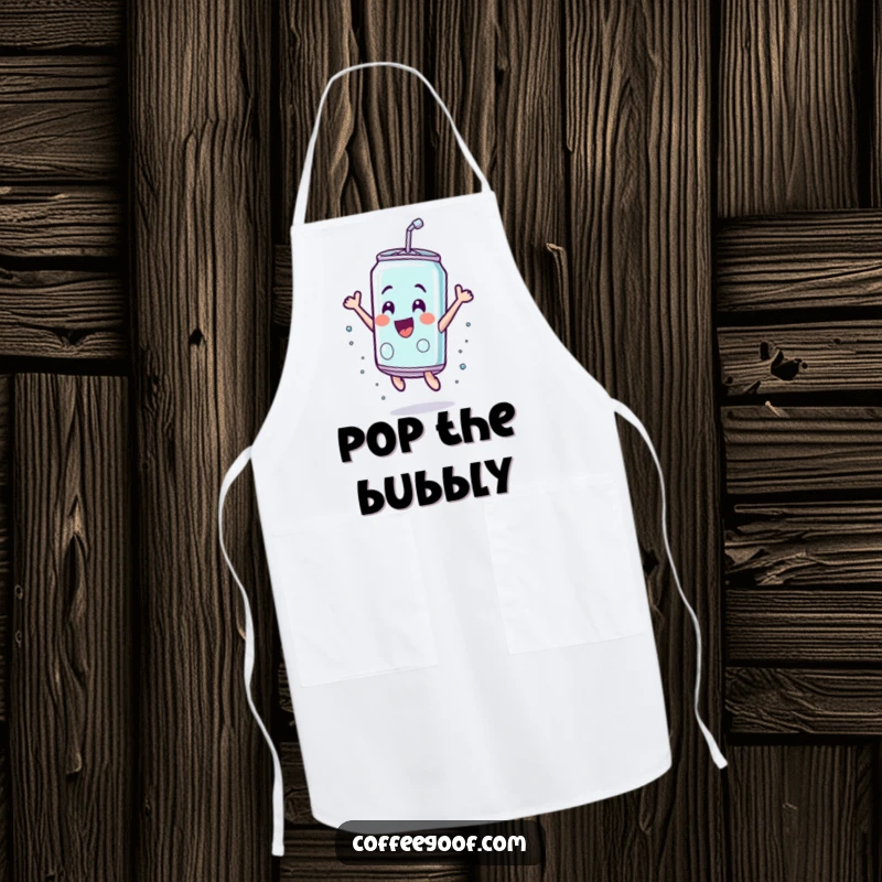 Funny soda can apron, shown leaping with bubbly energy, ready to add fun to any kitchen task, ideal for chefs.