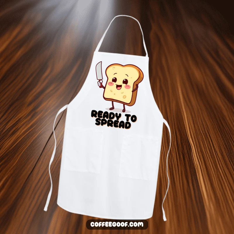 Funny toast character with a butter knife, enthusiastically preparing food on a chef's apron, a humorous cooking accessory