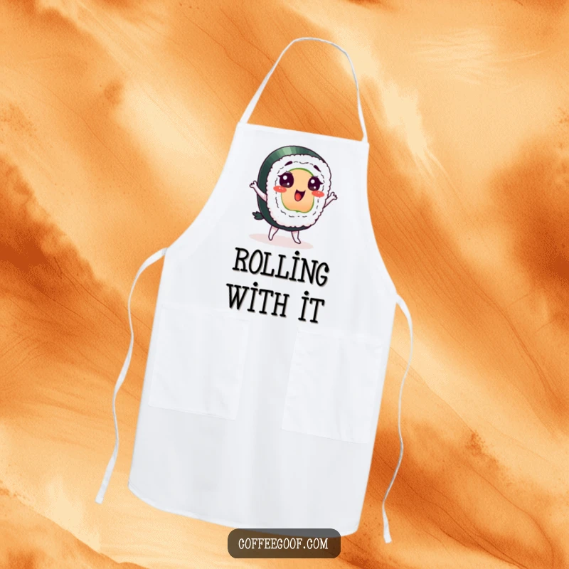 Funny sushi apron, a delighted character doing a silly dance while cooking, perfect for adding humor to the kitchen.