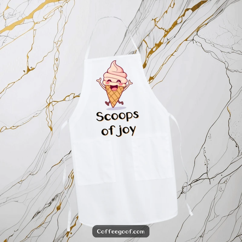 Funny ice cream apron featuring an excited cone doing a happy bounce, designed for kitchen fun and sweet treats.