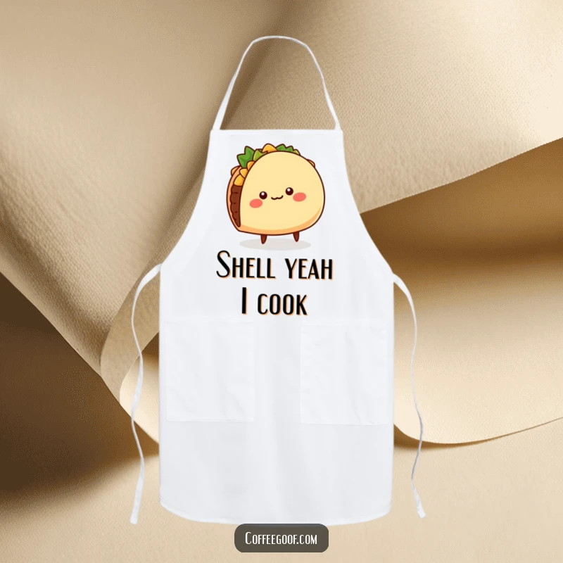 Funny Taco Apron: A cheerful, round taco character wiggling its shell and tiny legs, perfect for keeping clothes clean with humor.