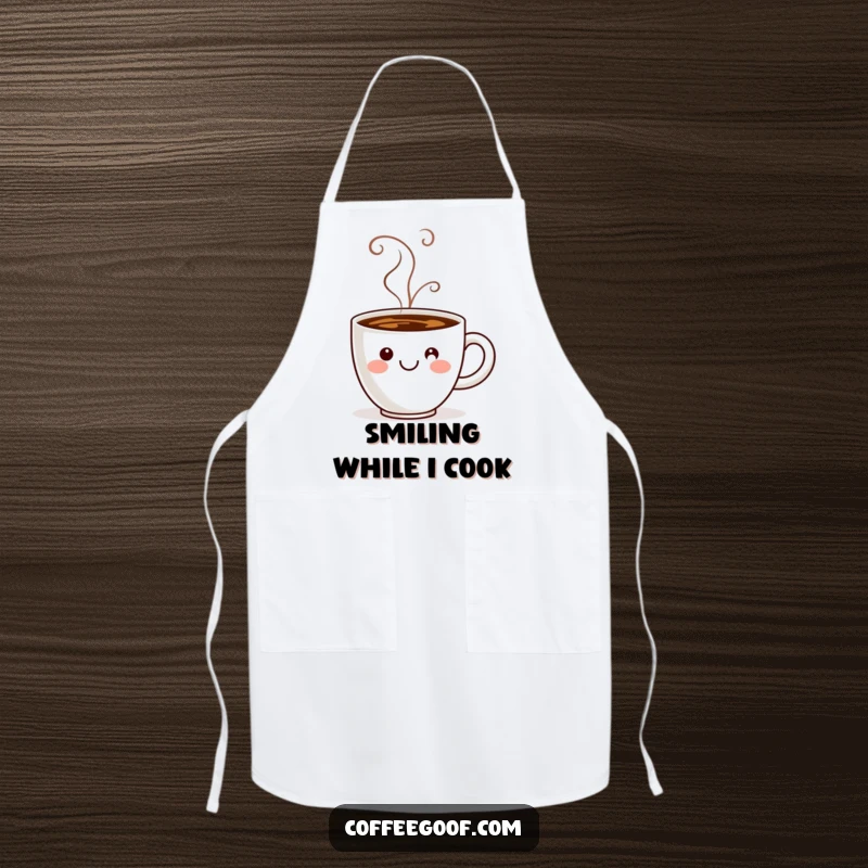 Funny coffee cup illustration with steam creating a smiling face, designed on an apron for kitchen fun.