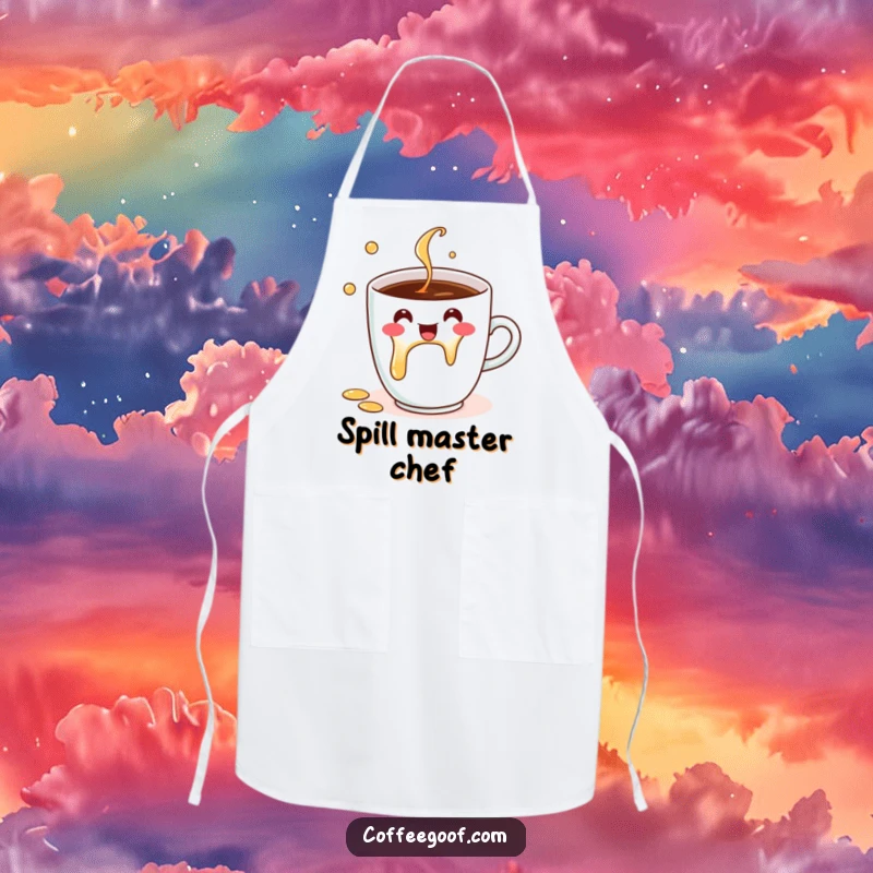 Funny Apron designed with a cheerful coffee cup character humorously spilling, perfect for adding fun to cooking and as a funny gift.