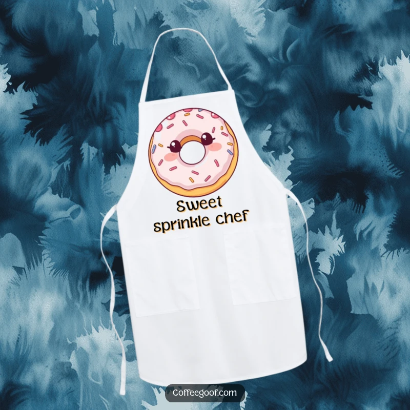 Funny Apron with a cheerful smiling donut and energetic sprinkles, ideal for kitchen fun and as a sweet, funny gift.