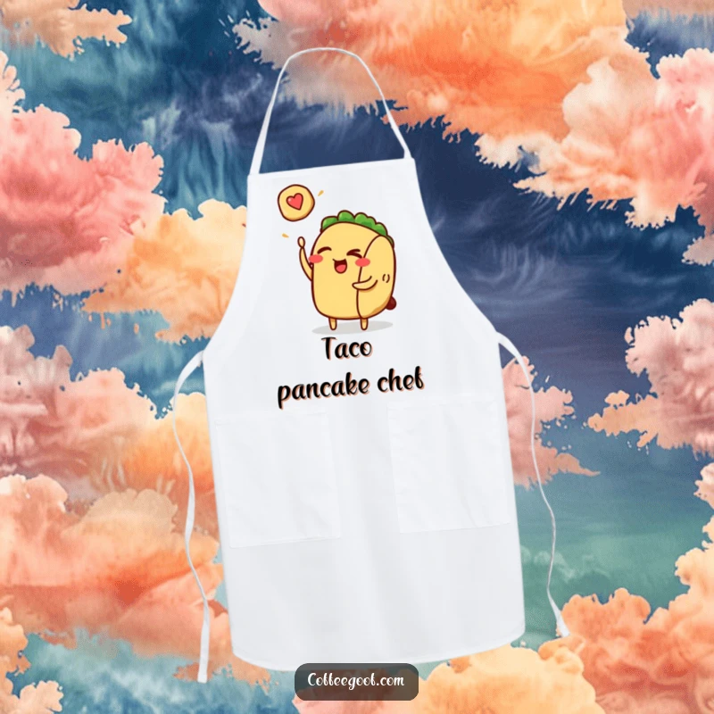 Funny taco character winking and flipping a pancake on a practical kitchen apron, bringing culinary humor to the cook.