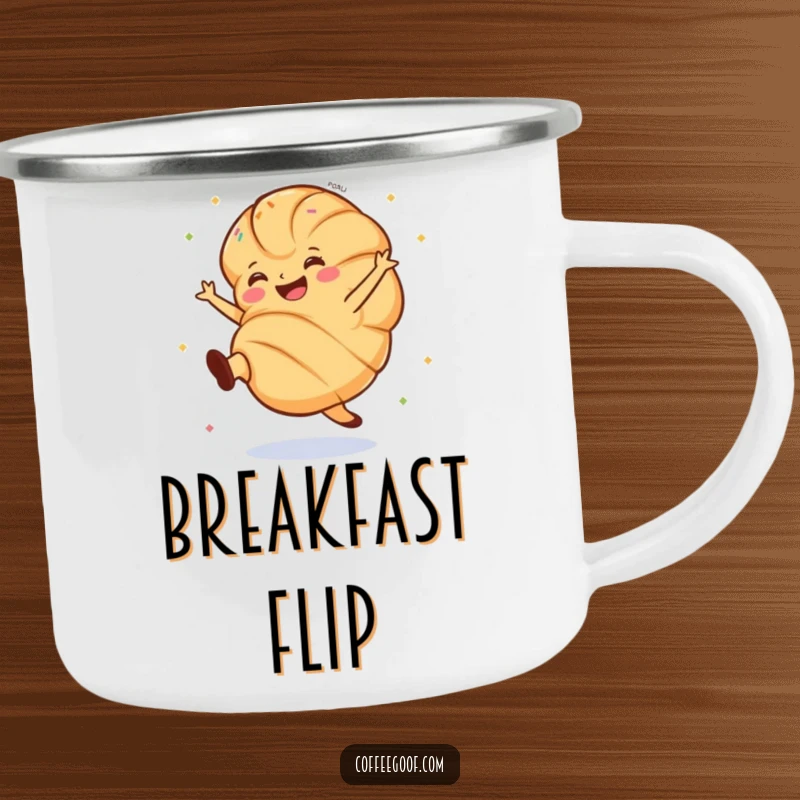 Funny croissant camping mug showing a grinning pastry doing a lively cartwheel with sprinkles, perfect for outdoors.