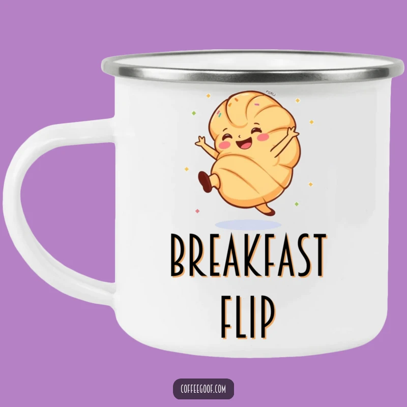 Funny Croissant Camping Mug: Cartwheeling Pastry, Durable Humorous Outdoor Gift