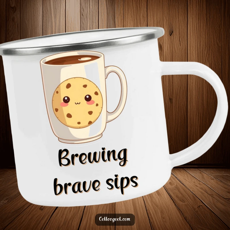 Funny camping mug showcasing a shy cookie peeking from behind a giant coffee mug, perfect for enjoying drinks with a sweet, gentle vibe.