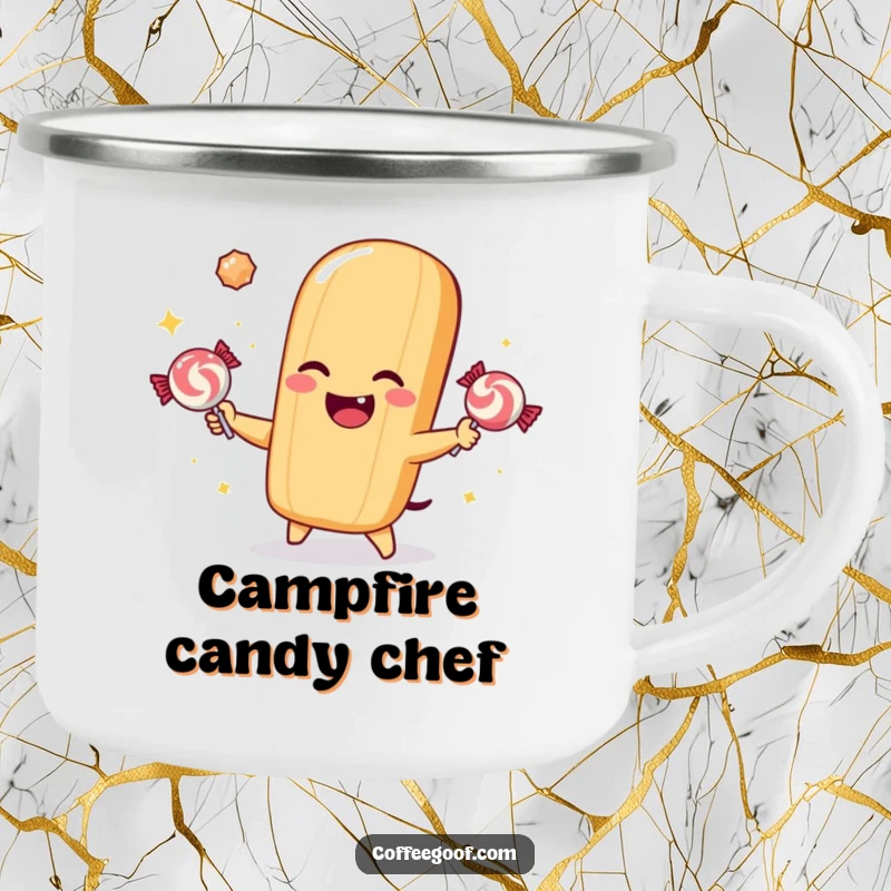 Funny enamel camping mug featuring a winking baguette juggling candies, perfect for fun-loving campers.