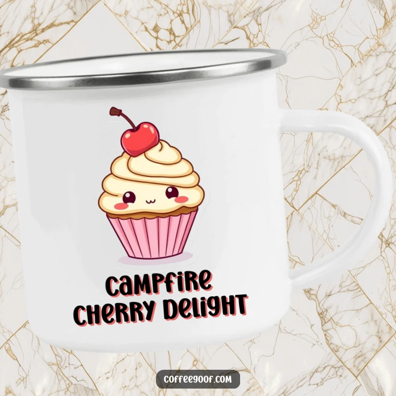 Funny Camping Mug: A cupcake playfully balances a cherry on its head, ready for a sweet adventure and a warm drink.