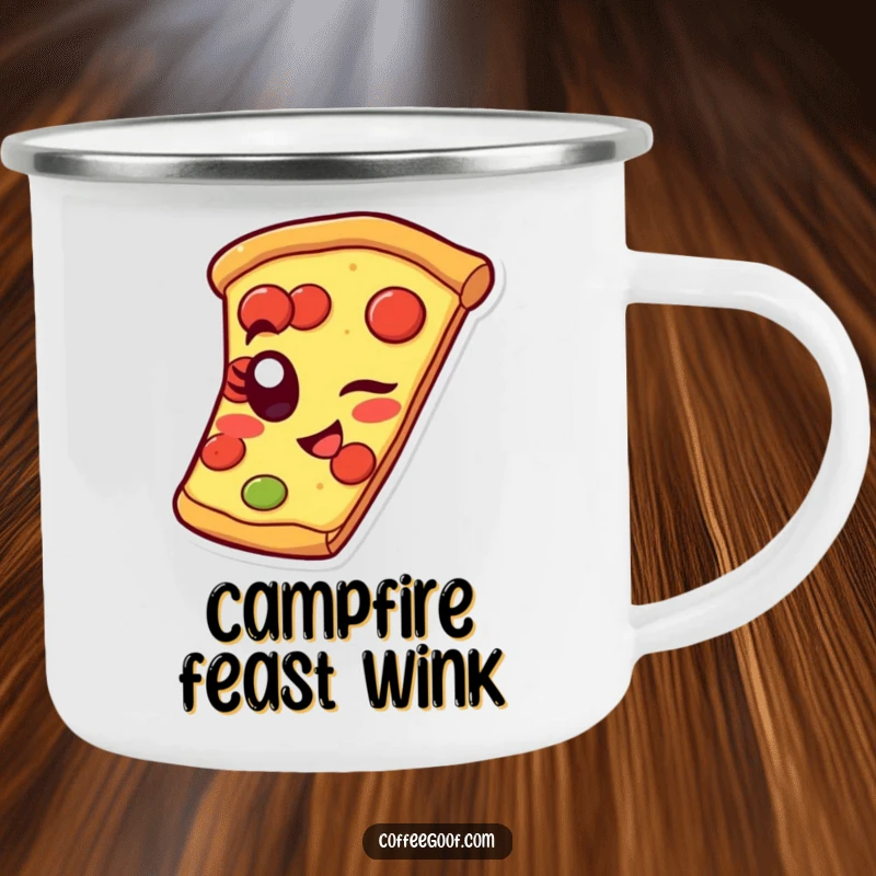 Funny pizza camping mug showing a slice winking with its pepperoni eye, perfect for outdoor humor and feasts.