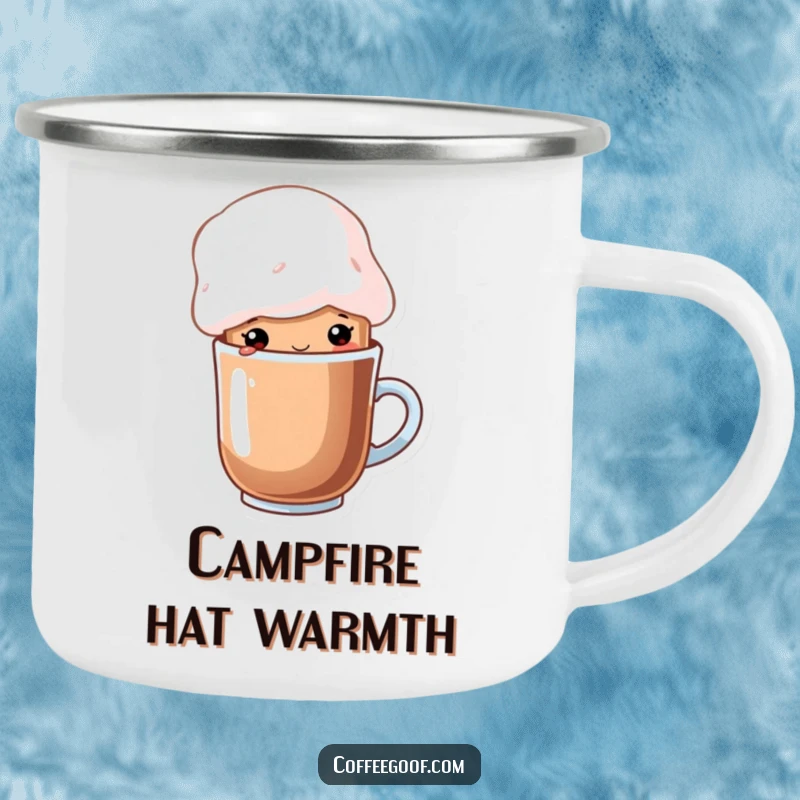 Funny cup of cocoa character wearing a whimsical marshmallow hat on a durable camping mug, ideal for cozy outdoor moments