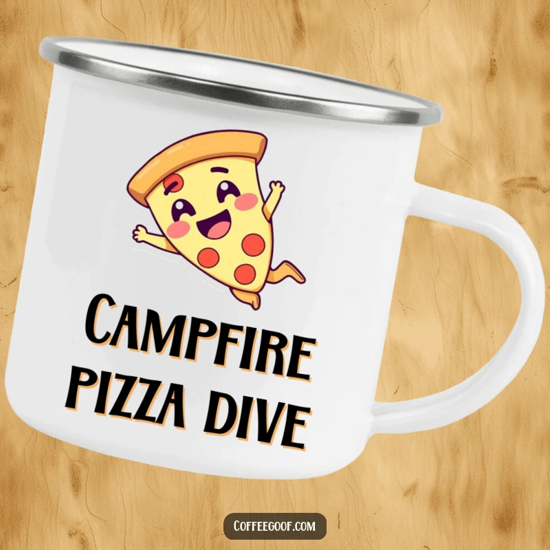 Funny pizza slice character giggling and diving on a rugged camping mug, perfect for enjoying meals outdoors.