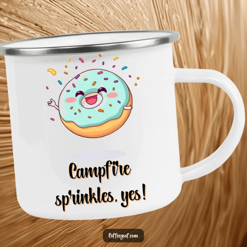 Funny grinning donut juggling sprinkles, printed on a durable camping mug for outdoor enjoyment.