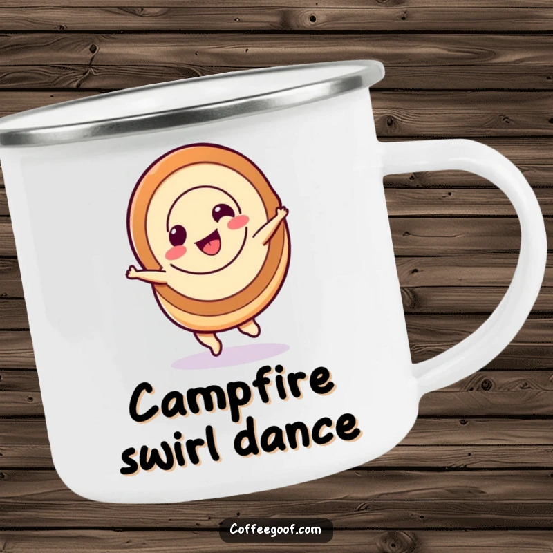 Funny cinnamon roll camping mug, a cinnamon roll character spinning, perfect for outdoor enjoyment.