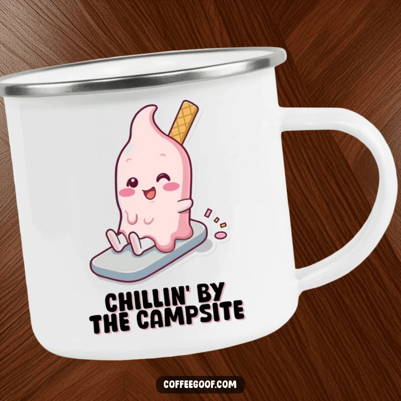 Funny melting ice cream character enjoying a slow, happy slide on a rugged camping mug, perfect for outdoor fun.