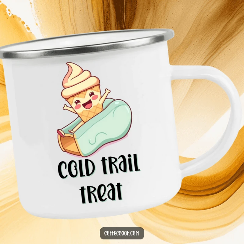 Funny camping mug with a cheerful anthropomorphic ice cream cone sliding happily, designed for outdoor fun.