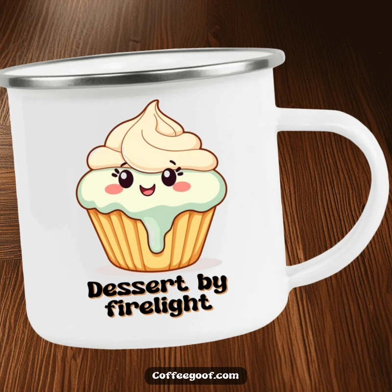 Funny cupcake camping mug showing a happy cupcake with melting frosting dancing, perfect for outdoor sweet humor.