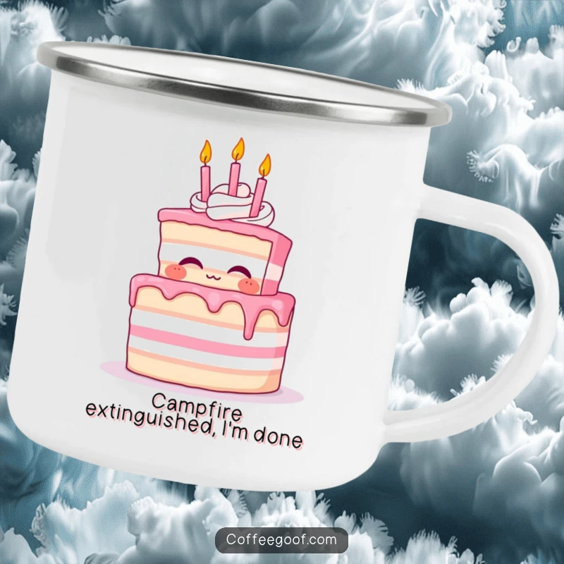 Funny Cake Camping Mug showcasing a proud cake character blowing out tiny whimsical birthday candles on an outdoor adventure.