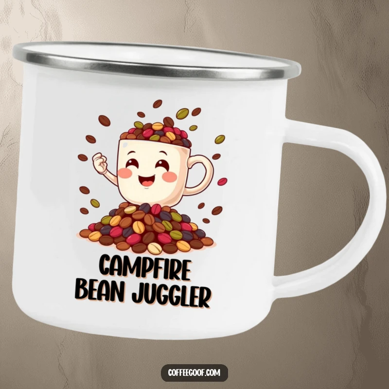 Funny Coffee Mug character juggling coffee beans on a rugged camping mug, ideal for outdoor enthusiasts seeking humor.