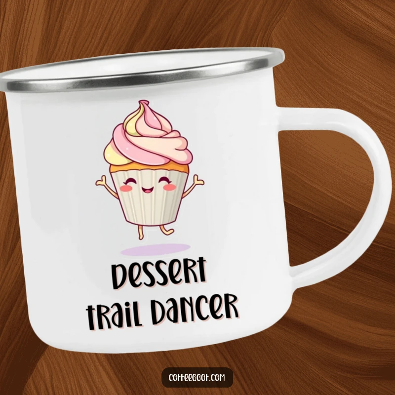 Funny dancing cupcake with a frosting swirl on a rugged camping mug, perfect for enjoying sweet beverages outdoors.