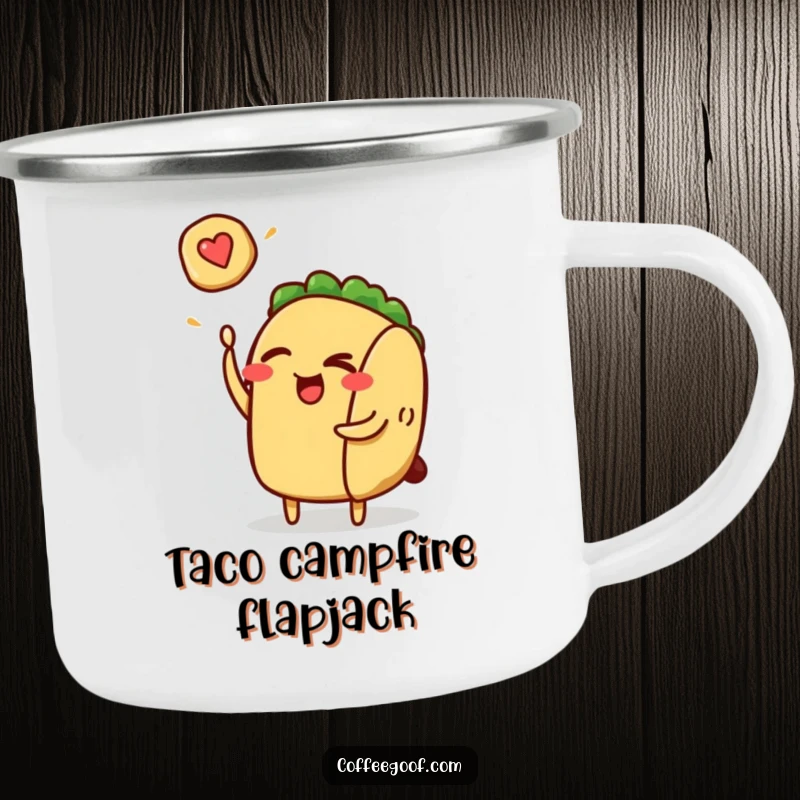 Funny taco character winking and flipping a pancake on a rugged camping mug, perfect for enjoying meals outdoors.
