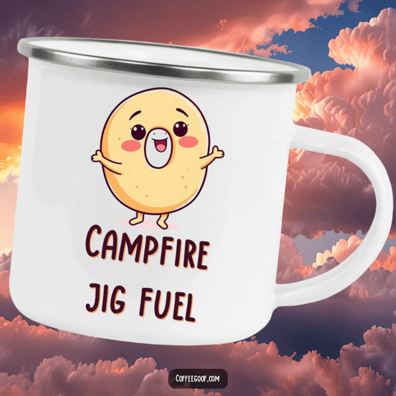 Funny bagel camping mug, a smiling character dancing by a campfire, perfect for outdoor adventures and hot beverages.