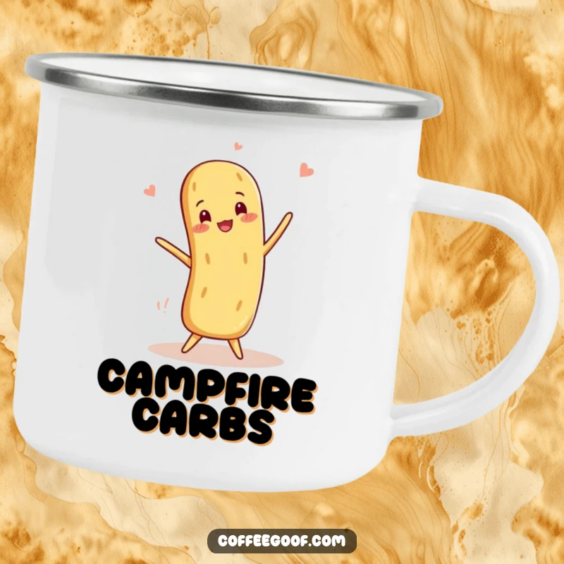 Funny Baguette Camping Mug depicting a smiling anthropomorphic baguette balancing playfully, perfect for outdoor meals.