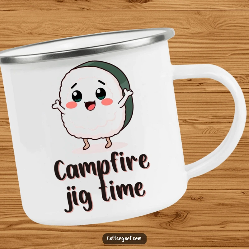 Funny camping mug illustration of a happy sushi piece dancing a jig. Ideal outdoor drinkware for adding humor to adventures.