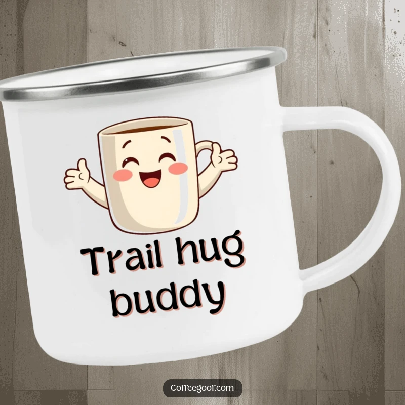 Funny camping mug illustration of a smiling coffee mug with arms outstretched, ready to embrace. Durable and cheerful outdoor drinkware.