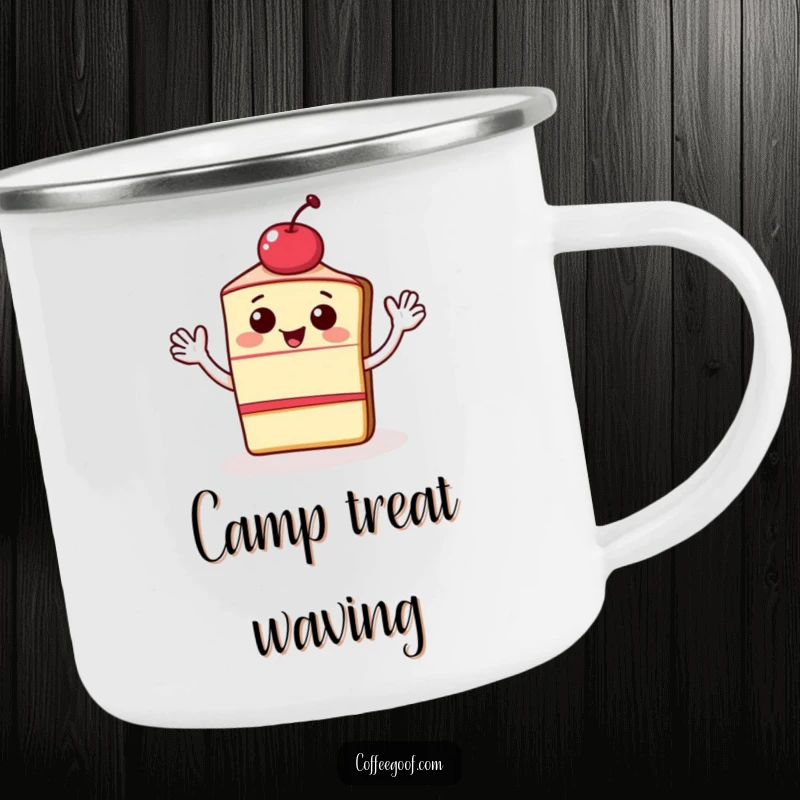 Funny camping mug illustration of a happy slice of cake with a cherry, waving energetically. Ideal outdoor drinkware for adding sweetness and humor.