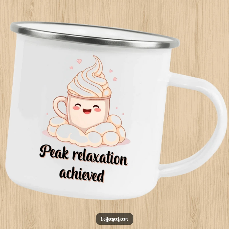 Funny Camping Mug: A smiling cocoa mug performs a cannonball splash into whipped cream, perfect for humorous refreshment on outdoor adventures.