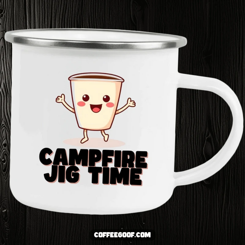 Funny coffee camping mug showing a cheerful coffee cup with arms and legs doing a lively jig, perfect for outdoors.