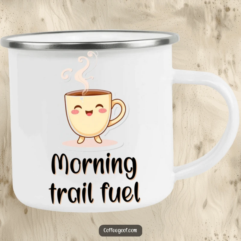 Funny Coffee Cup Camping Mug with a smiling character and playful steam, rugged and cheerful for outdoors.