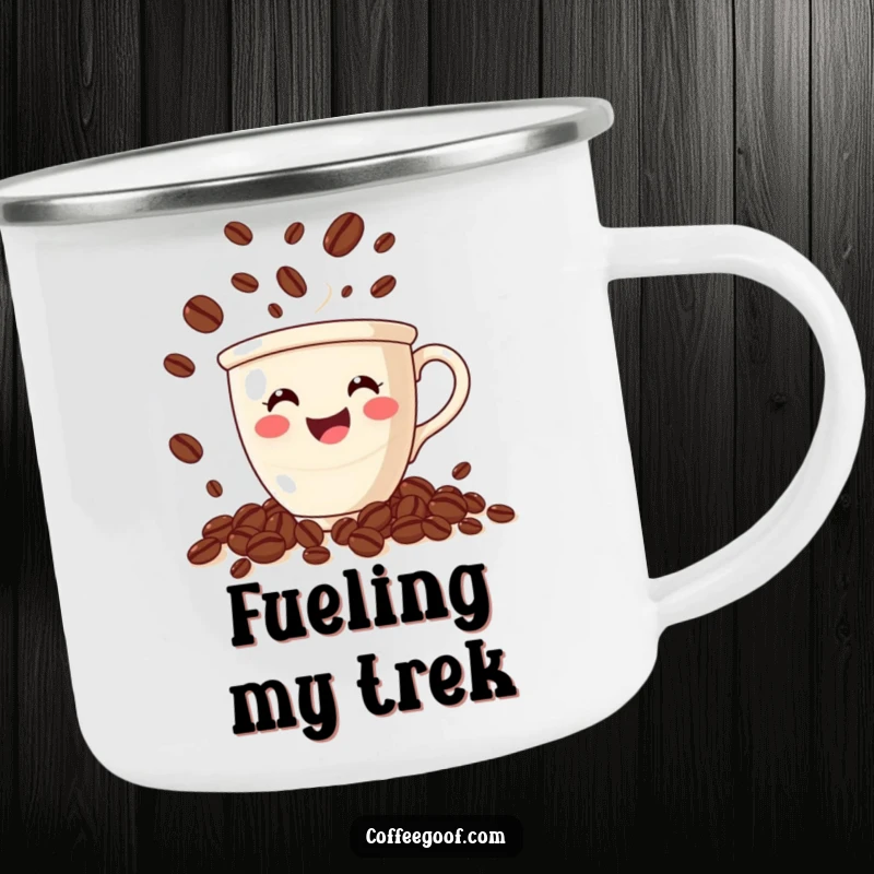 Funny coffee camping mug showing a smiling cup juggling beans, perfect for enjoying coffee on the go.
