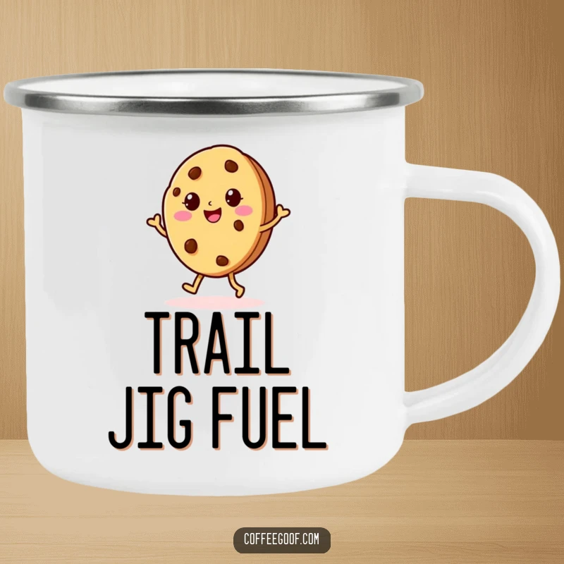 Funny Cookie Jig Camping Mug with a cheerful baked cookie character doing a jig, perfect for enjoying beverages with a sweet and playful touch outdoors.