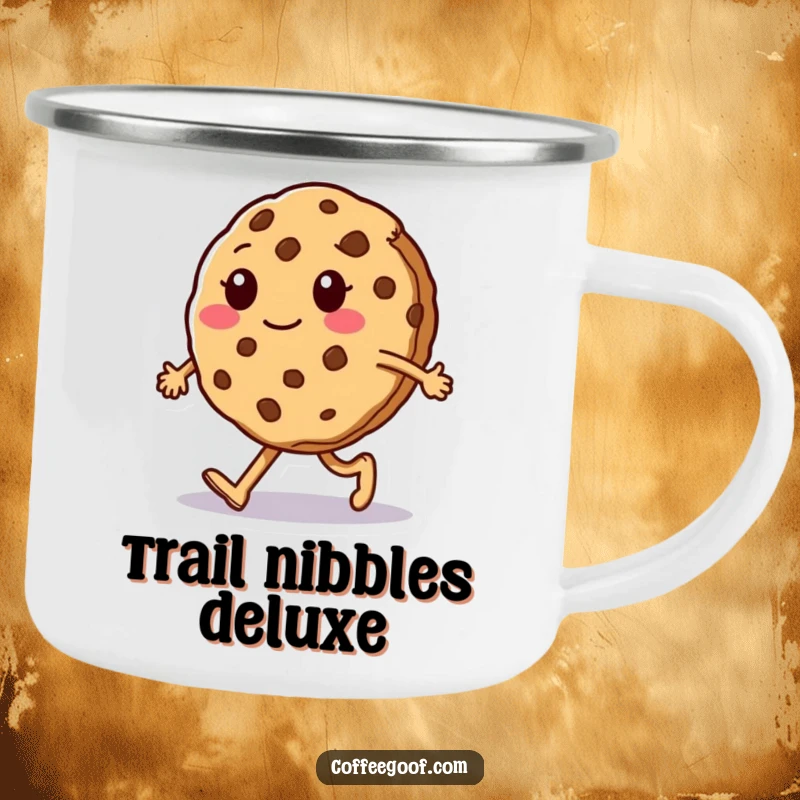 Funny Camping Mug: A sentient cookie character performs a silly walk, slightly crumbling, perfect for humorous refreshment on outdoor adventures.